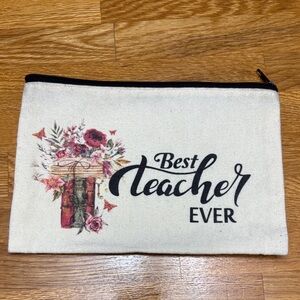 Best Teacher Ever Floral Canvas Pouch - Cream